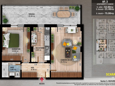 Apartament 2 camere cu terasa de 21,40 mp - Titan - Theodor Pallady
