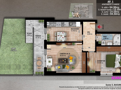 Apartament 2 camere cu terasa si curte - Metrou Nicolae Teclu - Theodor Pallady