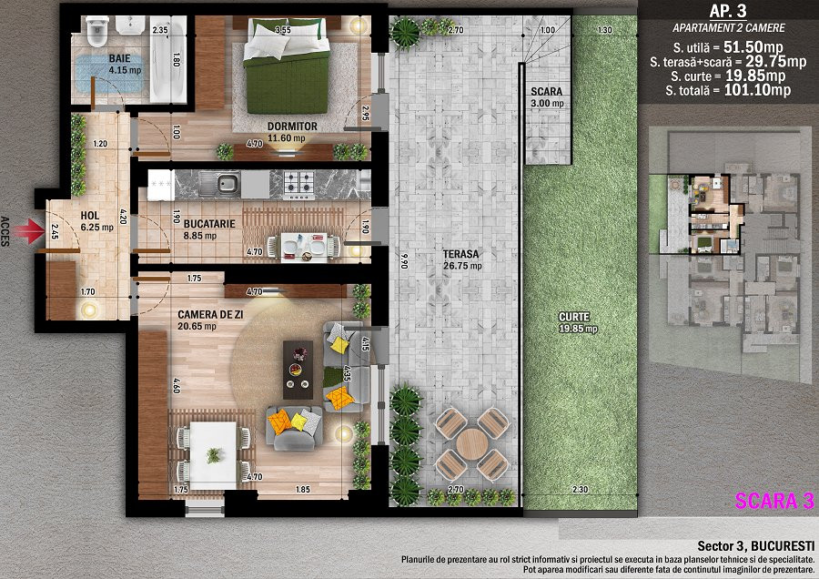 Apartament 2 camere cu terasa si curte - Theodor Pallady - Metrou Nicolae Teclu