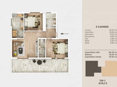 Apartament finalizat de 3 camere cu terasa de 25,20 mp - Theodor Pallady - Titan