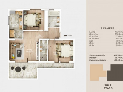 Apartament finalizat de 3 camere cu terasa de 16,10 mp - Metrou N. Teclu - Titan
